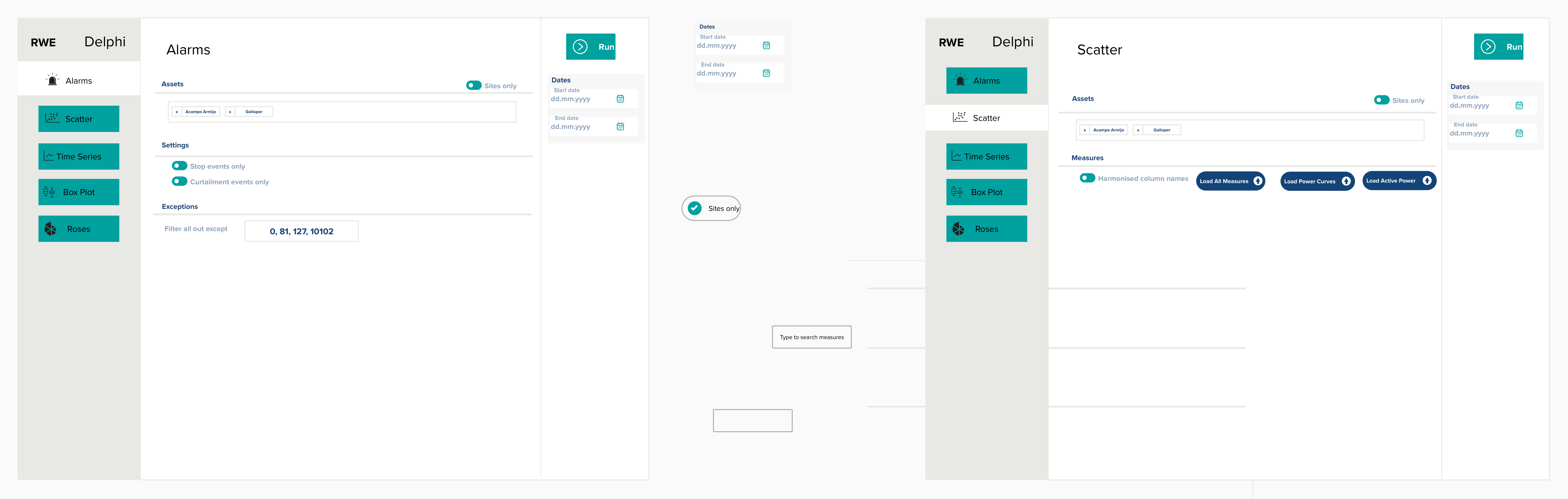 Low-fidelity wireframes exploring navigation structure, filter layouts, and chart view configurations